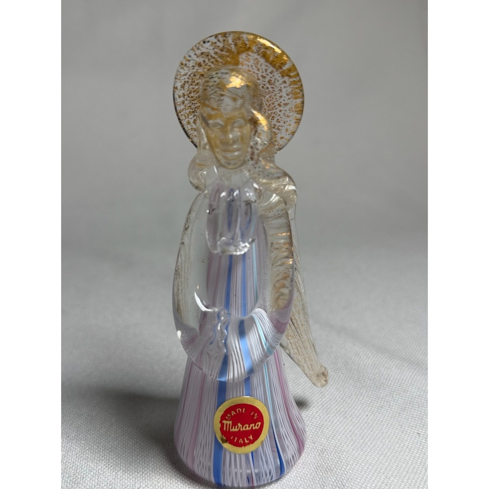 Murano Art Glass Angel Figurine Gold Aventurine Zanfirico Filigrana Italy 5 Inch